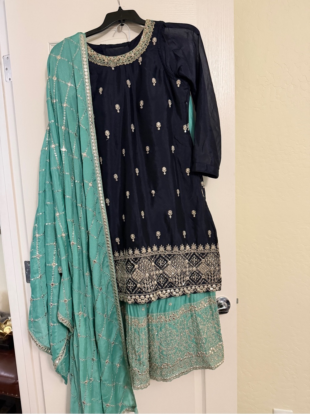 Navy and Teal Embroidered sharara with Dupatta
